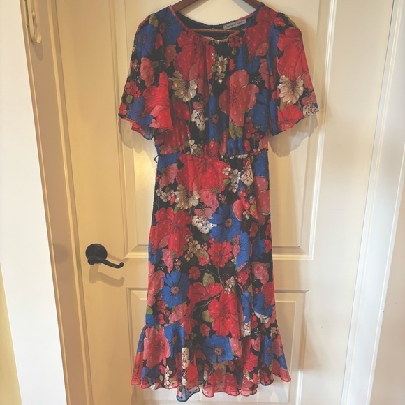 Dresses & Skirts - Danny & Nicole Floral Chiffon Midi Dress Red Blue Sheer Sleeve Women’s 4